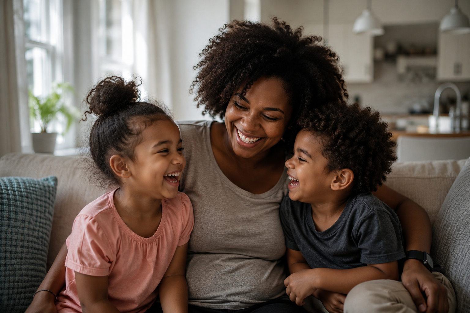 A family sharing a warm hug at home